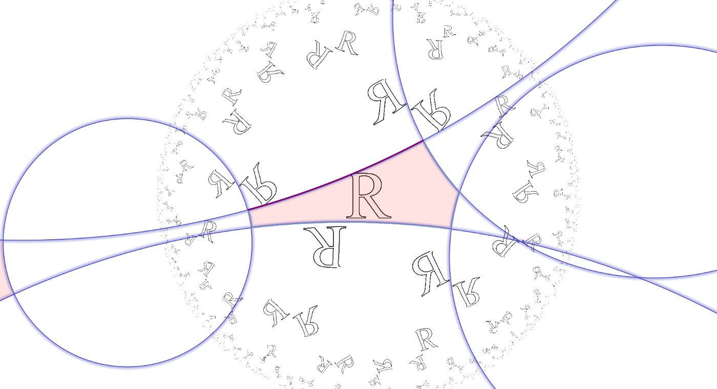 SymPix rendering the hyperbolic orbifold 23x with its fundamental domain edges drawn